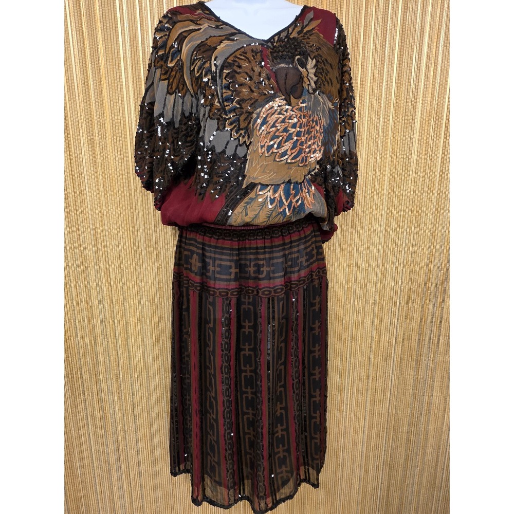 Vintage Kalamkari Silk Beaded Parrot Two Piece Set Womens M Hand Painted Midi